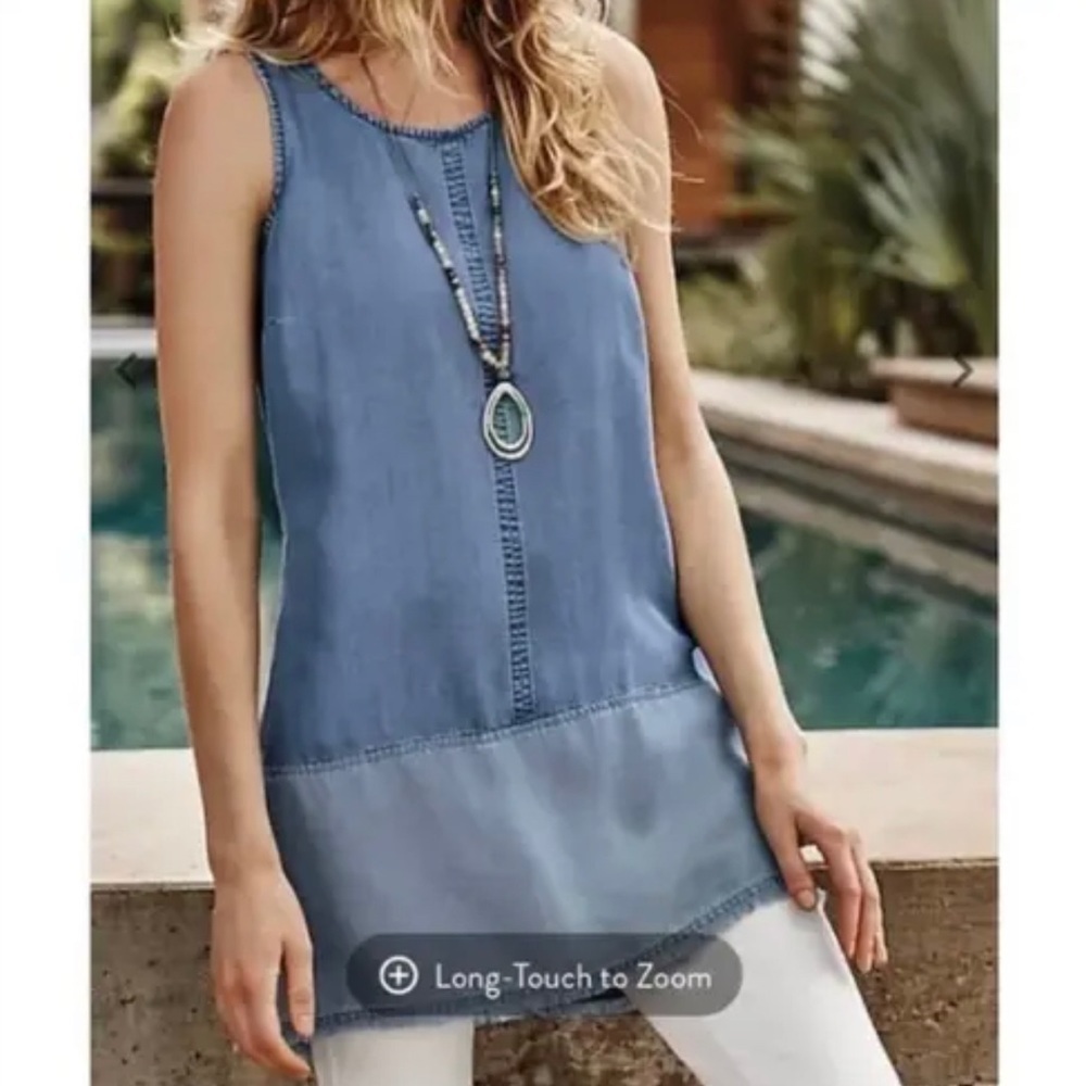 J. JILL DENIM Two-Toned Indigo Chambray Blue Sleeveless Tunic Top XS Petite